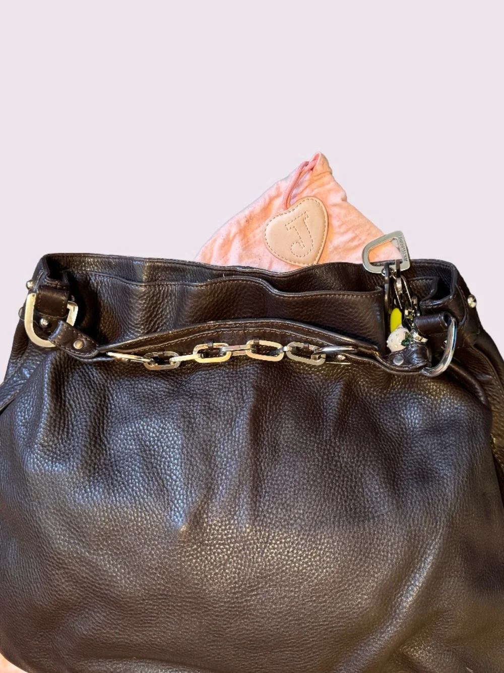 Vintage Y2K Juicy Couture Brown Pebble Leather Large Hobo Bag Silver Charms